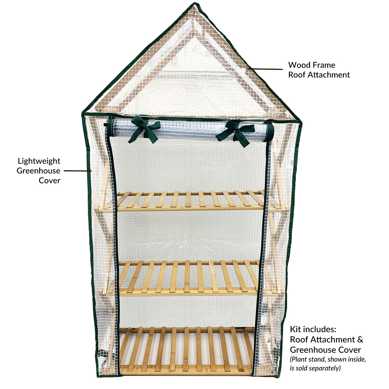 A Ferry-Morse Greenhouse Cover with Roof Attachment designed for covering a bamboo plant stand. The image shows a transparent cover with dark green edging fabric alongside a wooden structure that represents the roof attachment.